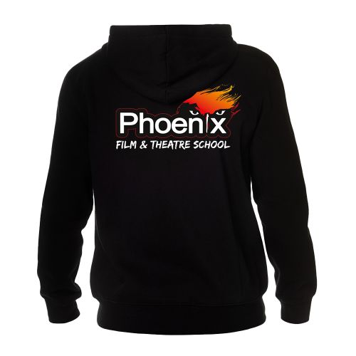 Back of black Phoenix Hoodie with Phoenix logo