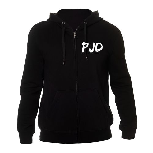 Front of black Phoenix Hoodie with three initials in white